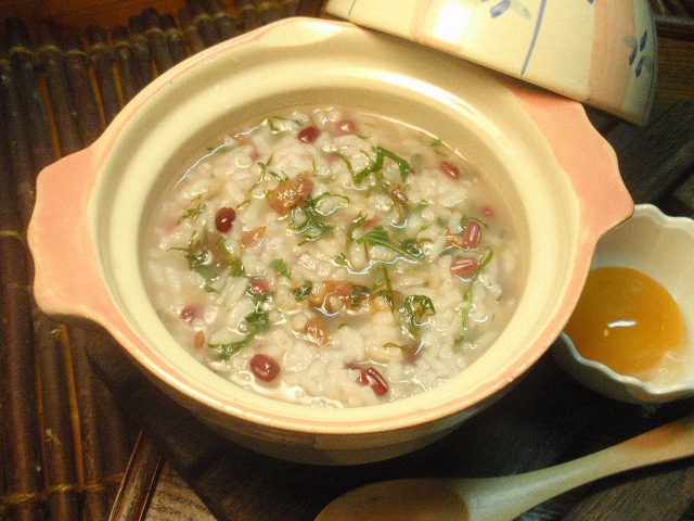 おおばこと小豆の梅干し粥