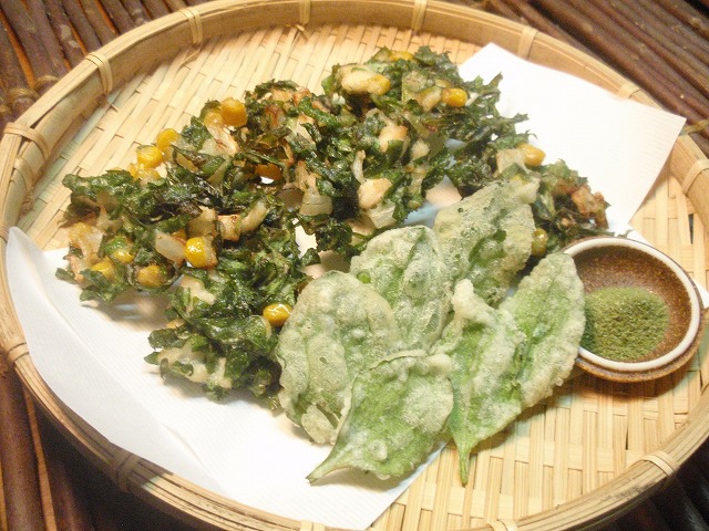 おおばこと鶏ササミのかき揚げ