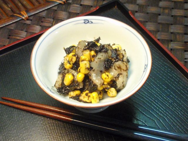 ホタテ貝柱ととうもろこしの海苔佃煮和え