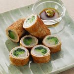 三つ葉の豚肉巻きわさび醤油添え