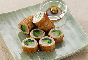 三つ葉の豚肉巻きわさび醤油添え